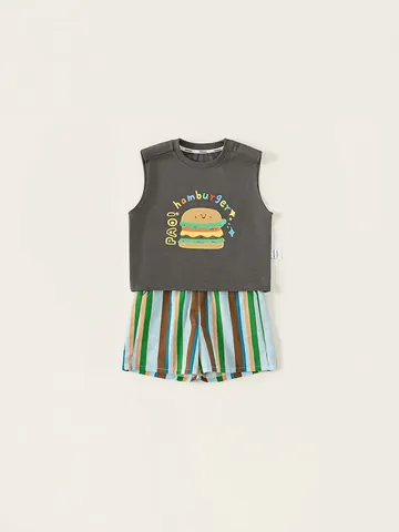 Ensemble de Vêtements d'Été pour Garçons Débardeur en Coton à Imprimé Hamburger et Short Rayé Multicolore pour Enfants