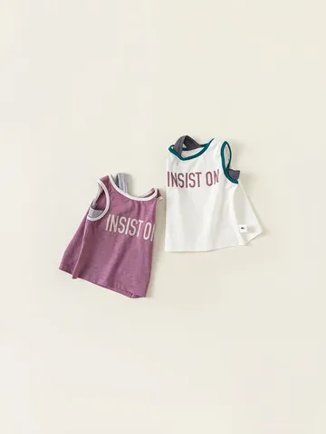 Camiseta sin Mangas para Niñas Verano Casual Bloque de Color Falso Dos Piezas Algodón Estampado Letras T-Shirt Niños