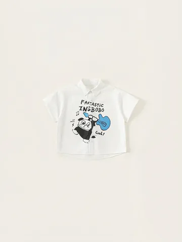 Camicia da Ragazzo in Cotone a Maniche Corte Estiva Cartoon Cane Che Suona la Chitarra Stampa Casual Colletto a Revers Top per Bambini
