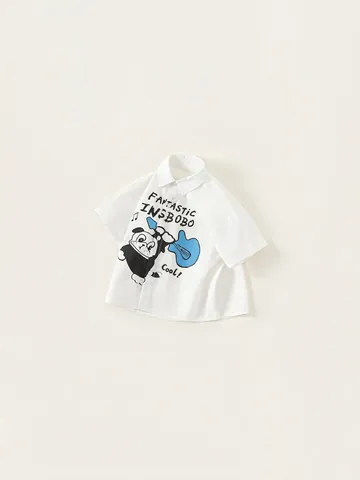 Camicia da Ragazzo in Cotone a Maniche Corte Estiva Cartoon Cane Che Suona la Chitarra Stampa Casual Colletto a Revers Top per Bambini