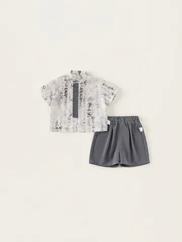 Jungen Traditionelle Chinesische Stil Sommer Outfit Kalligraphie Druck Kurzarm Hemd Und Shorts Top Und Hose Kleidung
