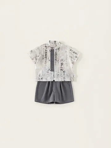 Jungen Traditionelle Chinesische Stil Sommer Outfit Kalligraphie Druck Kurzarm Hemd Und Shorts Top Und Hose Kleidung