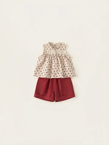 Ensemble de Vêtements d'Été pour Filles Top Imprimé Floral sans Manches à Col Volanté et Short de Couleur Unie