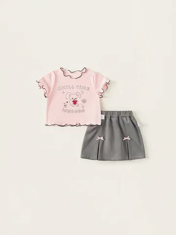 Ensemble T-Shirt Rose Doux et Jupe Plissée Grise pour Fillettes Imprimé Lapin Mignon Top à Bordure de Laitue avec Nœud Papillon Vêtements d'Été