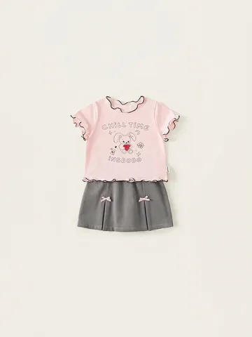 Ensemble T-Shirt Rose Doux et Jupe Plissée Grise pour Fillettes Imprimé Lapin Mignon Top à Bordure de Laitue avec Nœud Papillon Vêtements d'Été