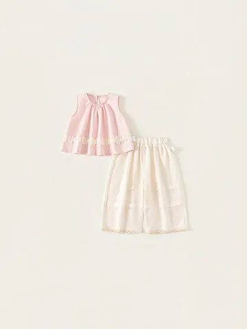 Girls Sweet Sleeveless Pleated Top And Wide Leg Lace Pants Cotton Summer Casual Clothing Outfits For Kids Pink Beige