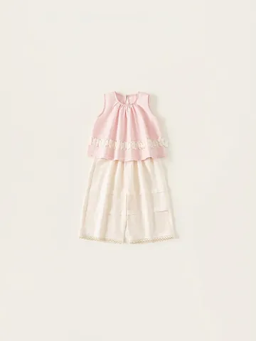 Girls Sweet Sleeveless Pleated Top And Wide Leg Lace Pants Cotton Summer Casual Clothing Outfits For Kids Pink Beige