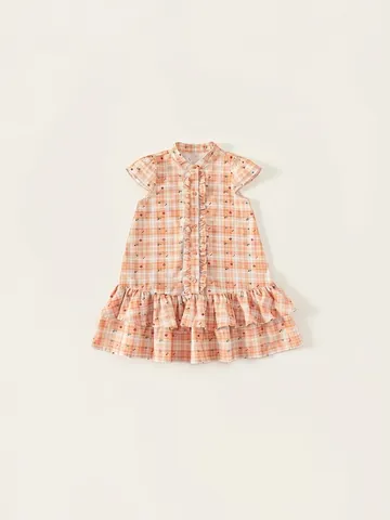 Robe à Fleurs en Coton à Carreaux pour Filles à Volants Étagées Été Manches Courtes Col Montant Style Pastoral Doux