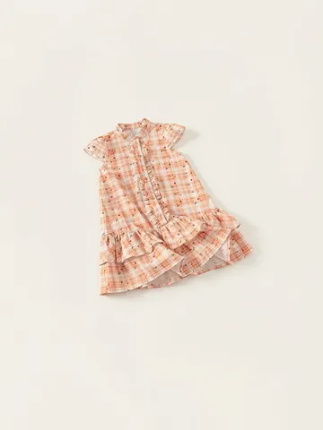 Robe à Fleurs en Coton à Carreaux pour Filles à Volants Étagées Été Manches Courtes Col Montant Style Pastoral Doux