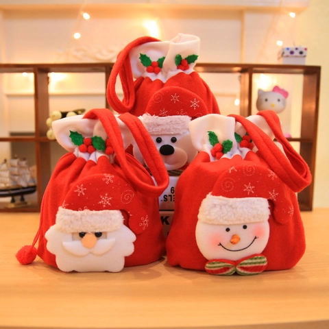 3D Cartoon Santa Snowman Bear Reindeer Christmas Gift Bag Brushed Fabric Drawstring Candy Apple Tote Bag For Holiday Party Home Decor