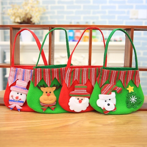 Christmas Flannel Gift Bag Cartoon Santa Claus Snowman Reindeer Pouch For Apple Candy Holiday Party Handheld Decoration