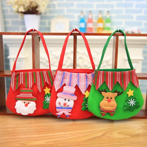 Christmas Flannel Gift Bag Cartoon Santa Claus Snowman Reindeer Pouch For Apple Candy Holiday Party Handheld Decoration