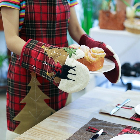 Guantes de Horno de Navidad Cuadros Nórdicos Algodón Aislamiento Térmico Antideslizante Guantes de Microondas para Hornear Patrón de Reno Árbol Artículos de Cocina