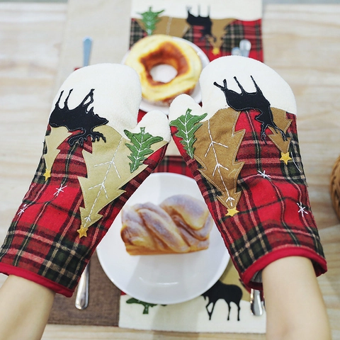 Guantes de Horno de Navidad Cuadros Nórdicos Algodón Aislamiento Térmico Antideslizante Guantes de Microondas para Hornear Patrón de Reno Árbol Artículos de Cocina