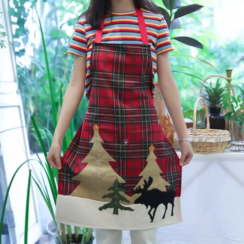 Delantal de Navidad a Cuadros Rojos Reno Nórdico Árbol de Navidad Aplique Cocina Cocinar Hogar Decorativo Delantal de Fiesta