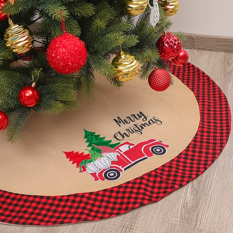 Roter LKW Weihnachtsbaumrock Mit Buffalo Karomuster Saum Kunstleinen Runde Bodenmatte Für Weihnachten Haus Dekoration