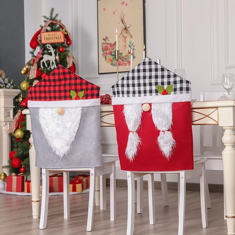 Christmas Gnome Chair Back Covers Red Grey Plaid Hat Faceless Doll Decorations For Xmas Holiday Dining Room Home Party Decor