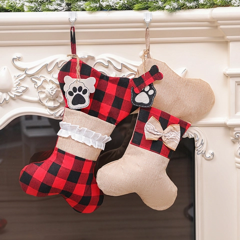 Calcetines de Navidad con Forma de Hueso Cuadros Buffalo Arpillera Huella de Perro Bolsas de Regalo Decoraciones Colgantes Rústicas