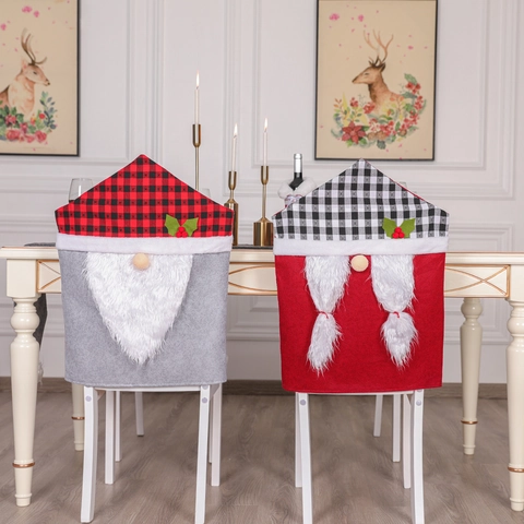 Christmas Gnome Chair Back Covers Red Grey Plaid Hat Faceless Doll Decorations For Xmas Holiday Dining Room Home Party Decor