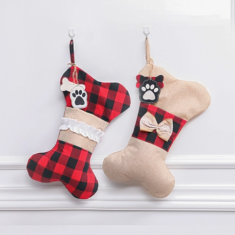 Calcetines de Navidad con Forma de Hueso Cuadros Buffalo Arpillera Huella de Perro Bolsas de Regalo Decoraciones Colgantes Rústicas