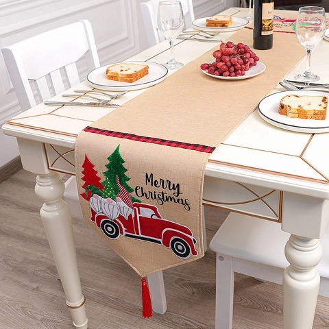 Christmas Table Runner Red Truck Gnome Christmas Tree Pattern Faux Linen Holiday Table Decor With Tassels For Xmas Party