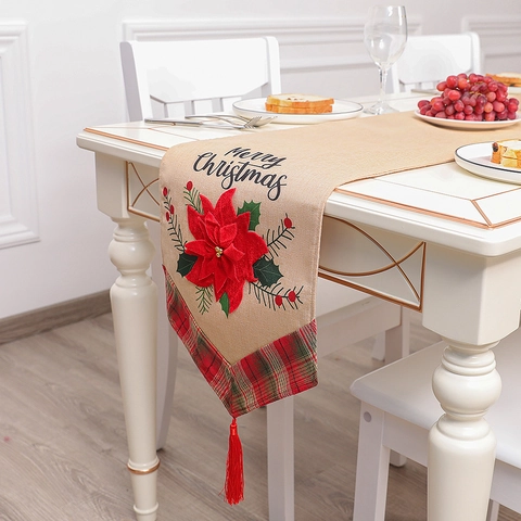 Christmas Plaid Flower Table Runner Fabric Embroidered Merry Christmas Tablecloth For Home Restaurant Dining Room Holiday Decor