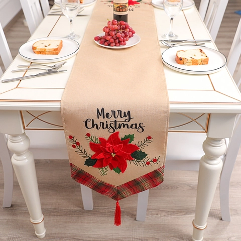 Chemin de Table Noël Plaid Fleur Tissu Brodé Merry Christmas Nappe Pour Maison Restaurant Salle à Manger Décoration de Vacances