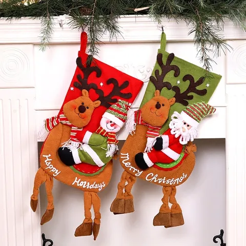Grande Chaussette de Noël Sac Cadeau Avec Applique 3D Renne Bonhomme de Neige Père Noël Feutre Broderie Décoration Suspendue pour Cheminée
