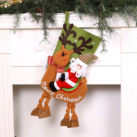 Grande Chaussette de Noël Sac Cadeau Avec Applique 3D Renne Bonhomme de Neige Père Noël Feutre Broderie Décoration Suspendue pour Cheminée