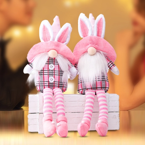 Pink Easter Bunny Gnome Plush Doll Long Legged Plaid Elf Ornaments Home Decorations For Easter Party Spring Table Decor