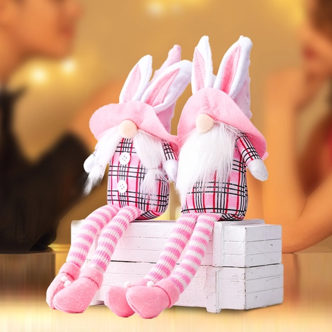 Pink Easter Bunny Gnome Plush Doll Long Legged Plaid Elf Ornaments Home Decorations For Easter Party Spring Table Decor
