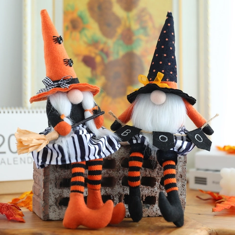 Halloween Gnome Plush Decoration Witch Wizard Faceless Doll With Broom BOO Flag Striped Long Leg Gnomes For Home Party Decor