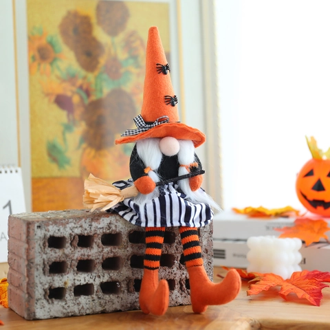 Halloween Gnome Plush Decoration Witch Wizard Faceless Doll With Broom BOO Flag Striped Long Leg Gnomes For Home Party Decor