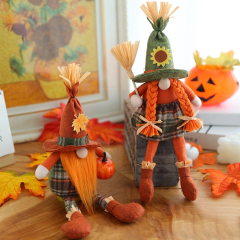 Bambola Gnomo del Raccolto Autunnale Halloween Ringraziamento Strega Senza Volto Con Zucca Scopa Girasole Per Decorazioni Casa