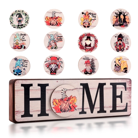 Insegna in Legno Intercambiabile Home Love Decorazione da Tavolo Con 12 Magneti a Gnomo Stagionali per Natale Halloween Pasqua Ornamento Quotidiano