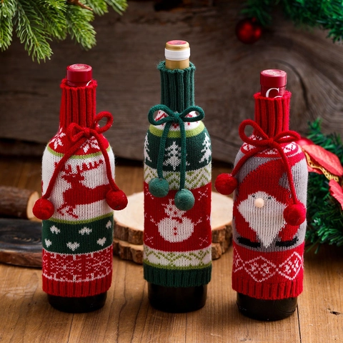 Christmas Knitted Wine Bottle Cover Bow Pom Pom Reindeer Snowman Santa Claus Bottle Sweater Holiday Table Decoration Ornaments
