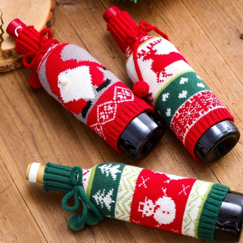 Christmas Knitted Wine Bottle Cover Bow Pom Pom Reindeer Snowman Santa Claus Bottle Sweater Holiday Table Decoration Ornaments