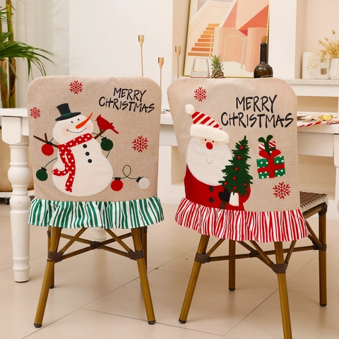 Merry Christmas Chair Cover Linen Fabric Santa Claus Snowman Applique Ruffle Striped Hem Festive Dining Room Decoration