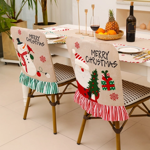 Merry Christmas Chair Cover Linen Fabric Santa Claus Snowman Applique Ruffle Striped Hem Festive Dining Room Decoration