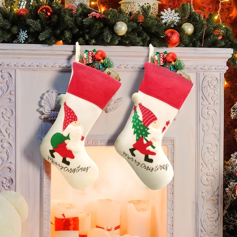 Calza di Natale Grande in Peluche con Gnomo Ricamato Sacchetto Regalo Appeso per Camino Decorazione Domestica per Feste