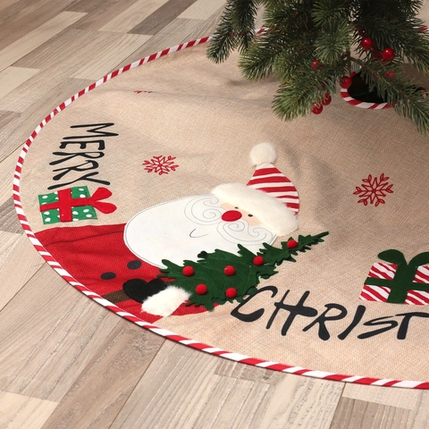 Jupe De Sapin De Noël Style Toile De Jute Avec Broderie Père Noël Bonhomme De Neige Merry Christmas Pour Décoration De Fête