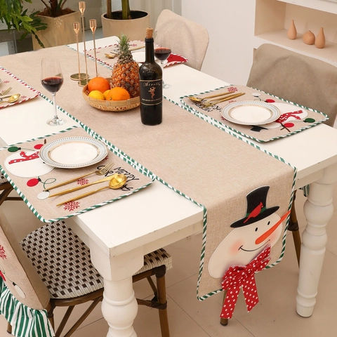 Weihnachts Tischläufer Leinen Jute Bestickt Weihnachtsmann Schneemann Muster Mit Gepunkteter Schleife Für Feiertags Dekoration