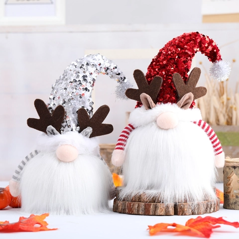 Muñeco Gnomo de Navidad Rudolph Hecho a Mano Con Luces LED Música Astas de Lentejuelas Gnomo de Peluche Nórdico Festivo para Decoración de Mesa