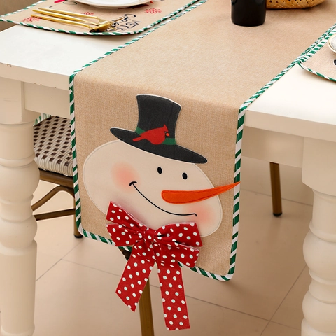 Weihnachts Tischläufer Leinen Jute Bestickt Weihnachtsmann Schneemann Muster Mit Gepunkteter Schleife Für Feiertags Dekoration