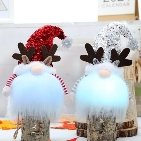 Muñeco Gnomo de Navidad Rudolph Hecho a Mano Con Luces LED Música Astas de Lentejuelas Gnomo de Peluche Nórdico Festivo para Decoración de Mesa