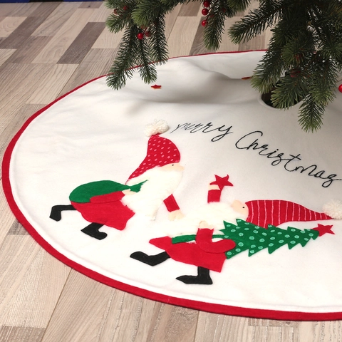 Plush Christmas Tree Skirt With Red Border Faceless Gnome Embroidery Merry Christmas Round Floor Decor Holiday Ornament