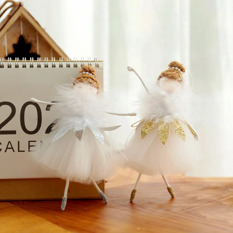 Handgefertigt Ballett Engel Mädchen Weihnachtsbaum Anhänger Weiße Feder Netz Spitze Puppe Mit Gold Silber Pailletten Deko