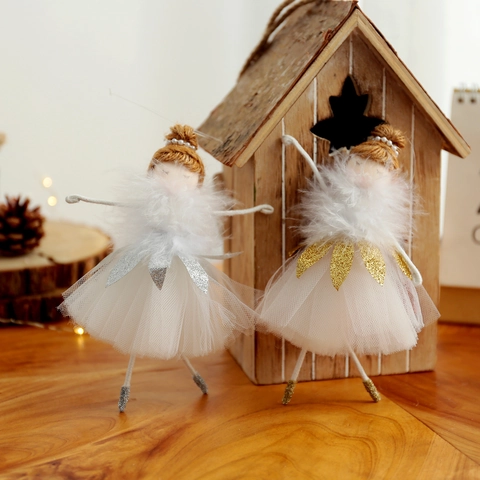 Handgefertigt Ballett Engel Mädchen Weihnachtsbaum Anhänger Weiße Feder Netz Spitze Puppe Mit Gold Silber Pailletten Deko