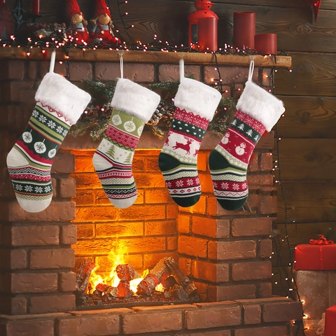 Calcetines de Navidad de Punto Grandes Patrones de Reno Muñeco de Nieve Copo de Nieve Decoración de Chimenea Bolsas de Regalo