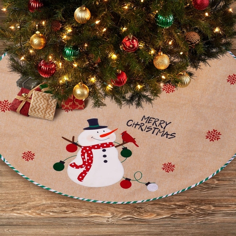 Burlap Christmas Tree Skirt Rustic Santa Snowman Embroidered Pattern Round Tree Mat For Holiday Party Home Decoration